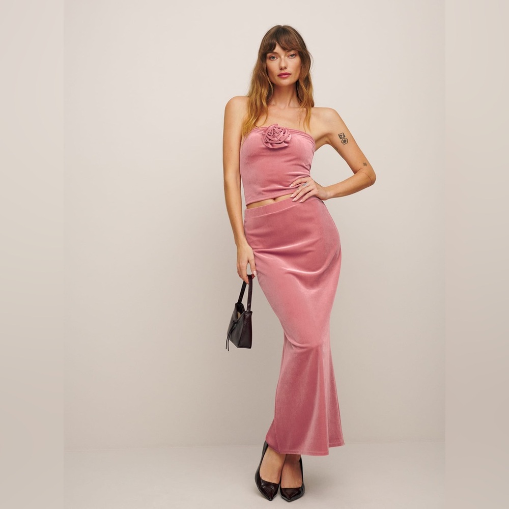NWT Reformation Adalynn Velvet Two Piece Set strapless rosette midi skirt top XL